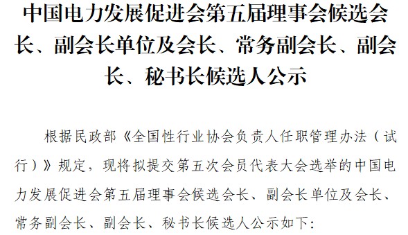 中國電力發(fā)展促進(jìn)會第五屆理事會候選會長、副會長單位及會長、常務(wù)副會長、副會長、秘書長候選人公示